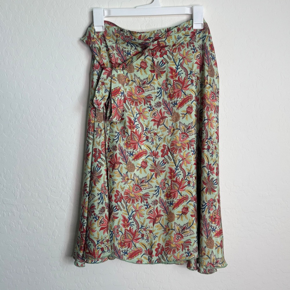 Karma Highway Floral Faux Wrap Midi Skirt Green Red One Size Tie Waist Boho